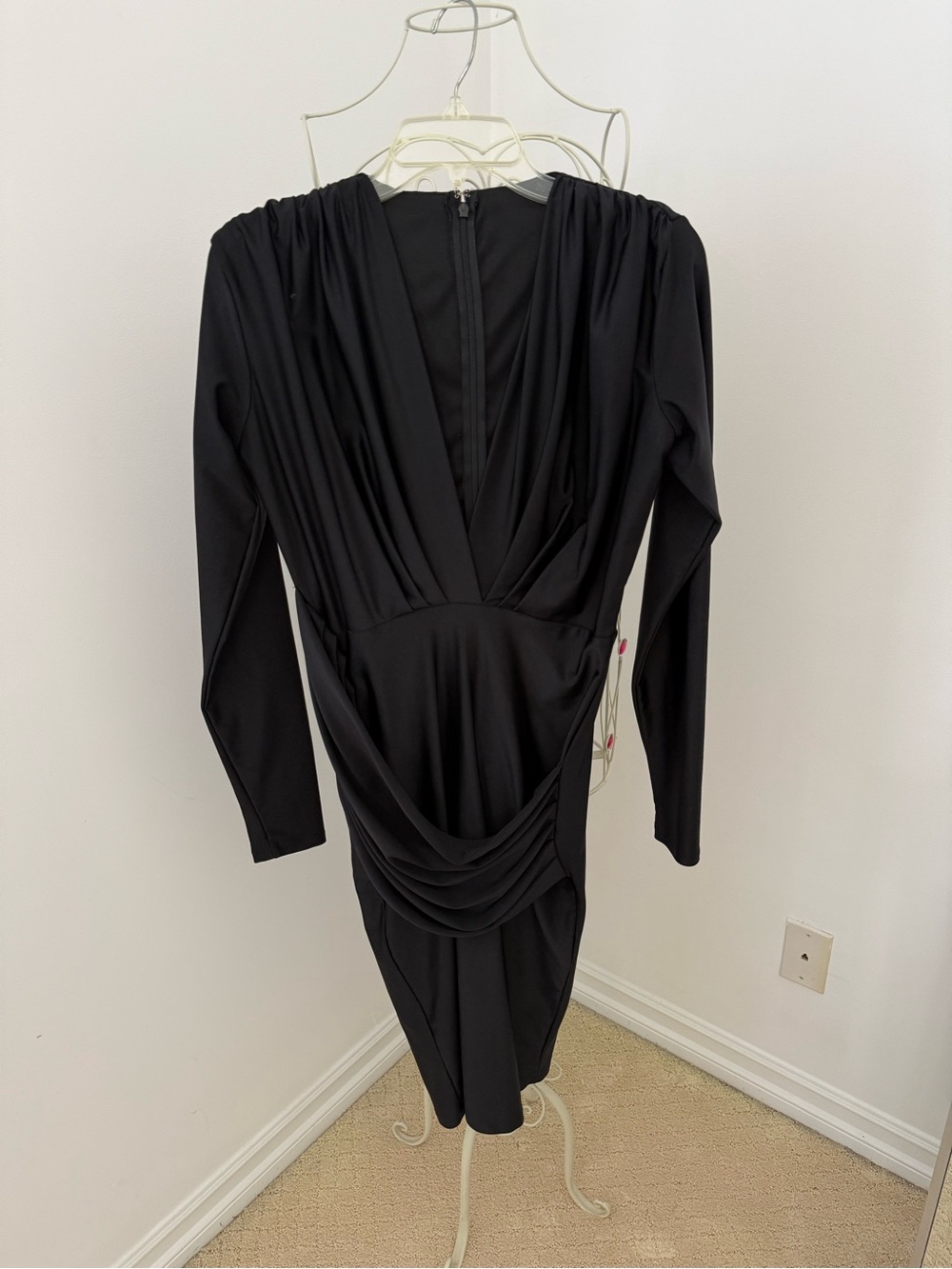 Black Draped Midi Dress with Long Sleeves
